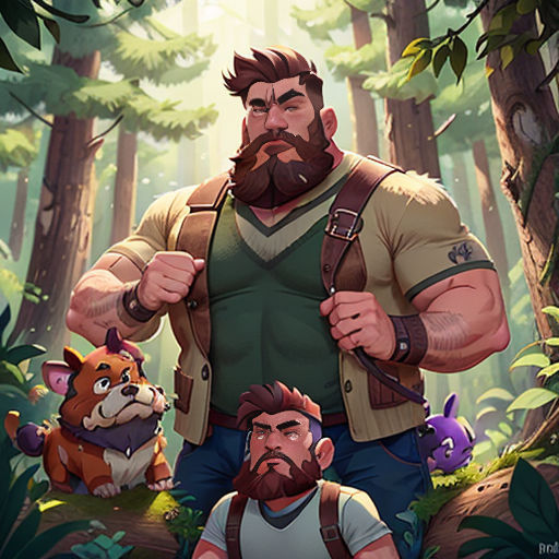 a man standing in the middle of a forest with two animals on his chest and a man in the middle of the forest