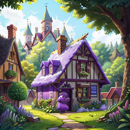 a cartoon house with a purple bear in the yard of it and a tree in the yard of it