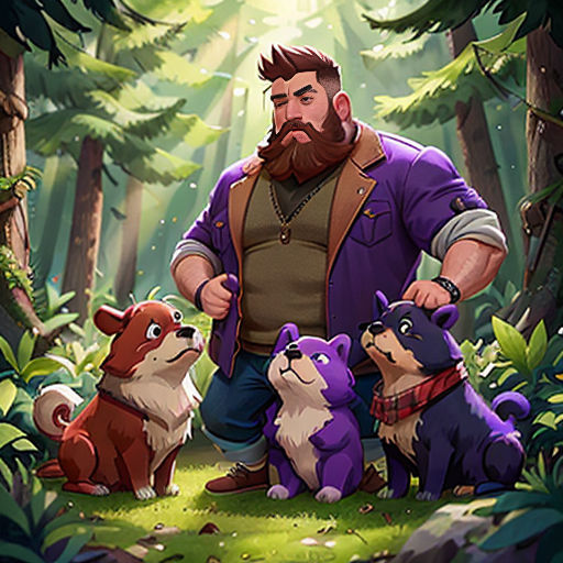 a man standing in the woods with two dogs and a cat on his lap, with a forest background