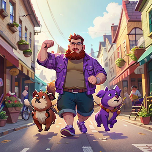 a man walking down a street next to a dog and cat on a leash and a man in a purple jacket