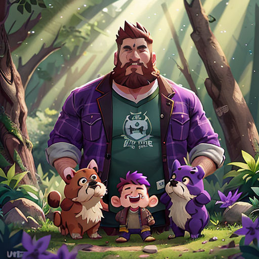a man standing in the middle of a forest with two small animals next to him and a dog on the ground