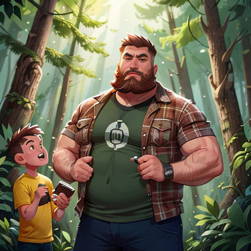 a man standing next to a boy in a forest with trees and plants on the ground and a phone in his hand