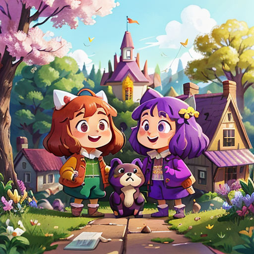 two girls standing in front of a small house with a bear in front of them and a dog in the background