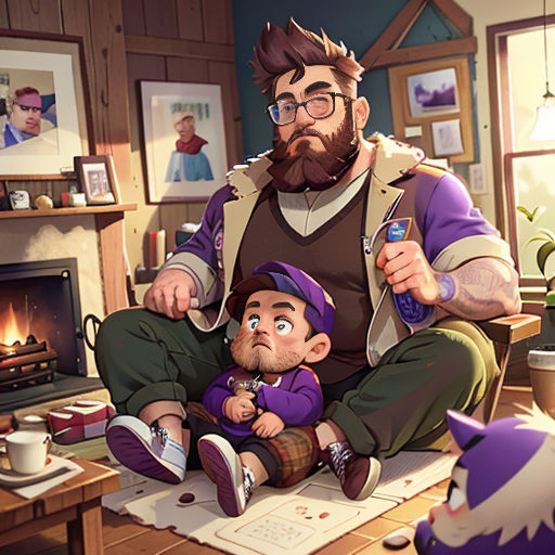 a man sitting on a table next to a little girl in a living room with a fireplace and a cat