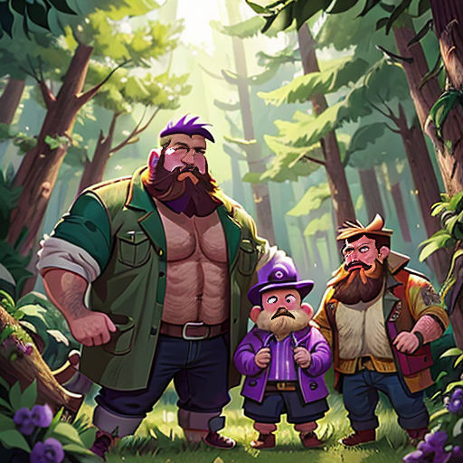 a group of people standing in the woods with a man in the middle of them and a child in the foreground