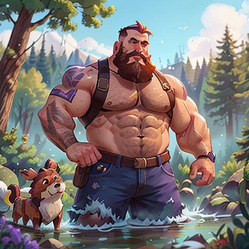 a man with a beard and a beard standing in a forest next to a dog and a fox, with a forest background
