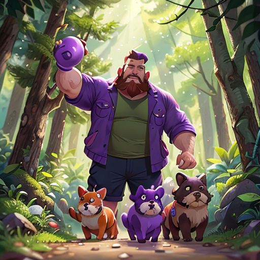 a man with a beard and a beard standing in the woods with two dogs and a ball in his hand