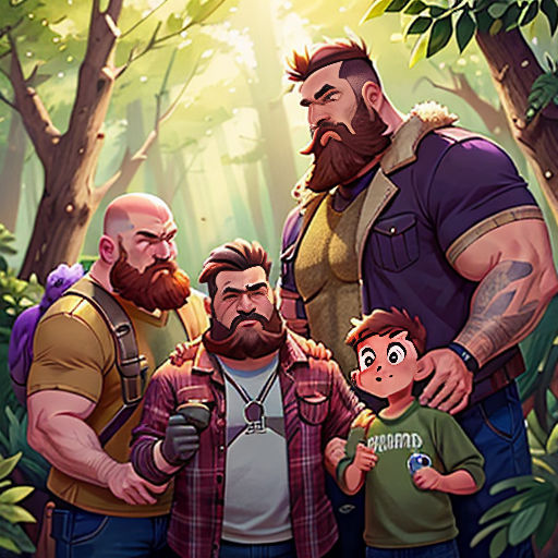 a group of men standing in the middle of a forest with a baby in his lap and a man with a beard