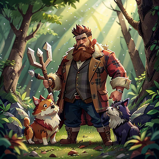 a man standing in the woods with a dog and an axe in his hand and a fox on his shoulder