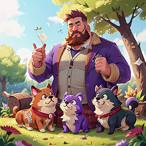 a man standing in front of a forest with lots of dogs and cats on it's chest and holding a knife