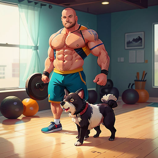a man with a dog in a gym with a weight machine and a dumbbell on his chest and a dumbbell on his chest