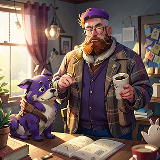 a man holding a cup of coffee next to a dog and a book on a desk in a room