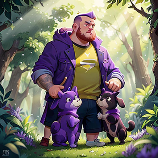 a man holding a dog and a dog in a forest with trees and bushes behind him, with a dog on his lap