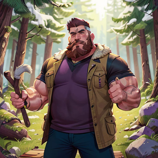 a man with a beard and a beard holding a hammer in a forest with trees and rocks on the ground