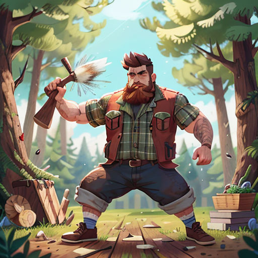 a man with a beard and a beard holding a hammer in a forest with trees and a bench in the background
