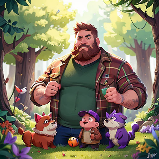 a man standing in a forest with animals around him and a forest background with trees and flowers and a forest with animals