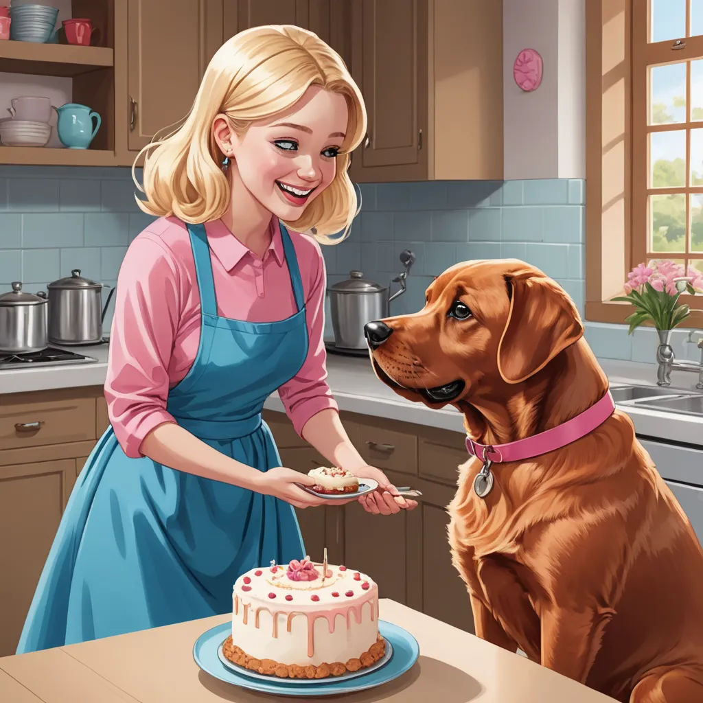 a woman in a blue dress cutting a cake with a dog nearby on a kitchen countertop with a dog looking on, american scene painting, a storybook illustration, Esther Blaikie MacKinnon, promotional image