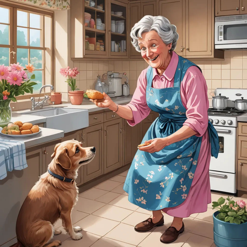 a woman in a kitchen with a dog and a plate of food in front of her, and a pot of flowers in the background, american scene painting, a storybook illustration, Brenda Chamberlain, highly detailed digital painting