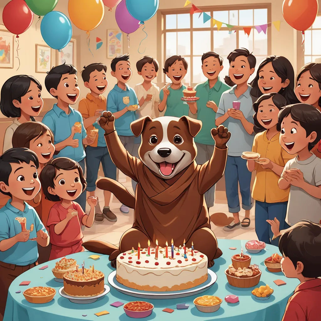 a dog is celebrating a birthday with a group of people around him and a cake with candles on it, lyco art, a storybook illustration, Chang Dai-chien, promotional image