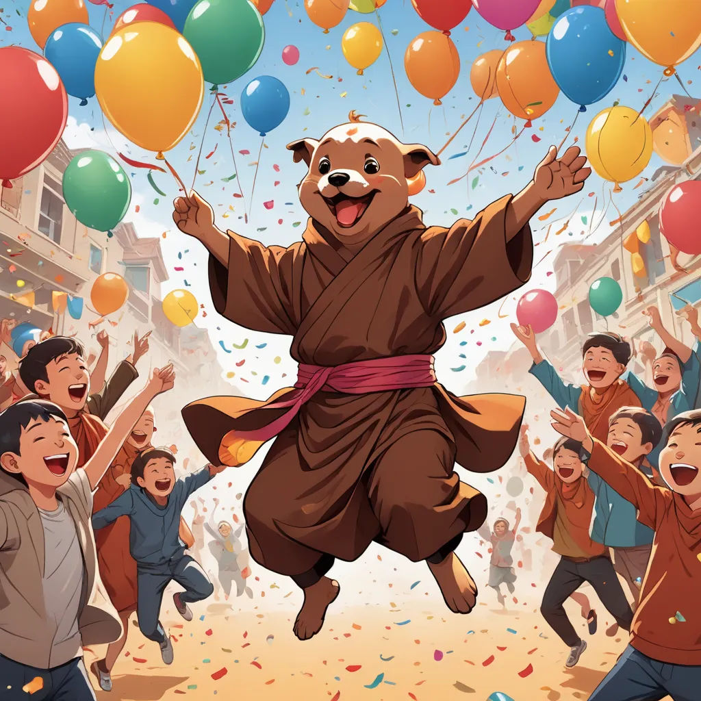 a cartoon of a dog in a robe with balloons in the air and people in the background watching him, furry art, a storybook illustration, Chang Dai-chien, official art