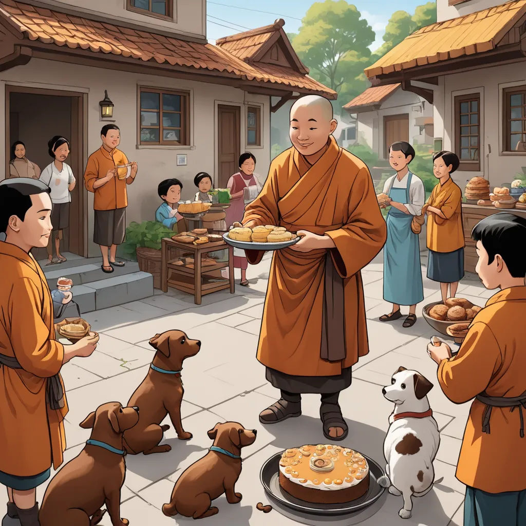a man holding a tray of food in front of a group of people and dogs on a patio with a dog looking on, american scene painting, a storybook illustration, Ding Guanpeng, johnson ting
