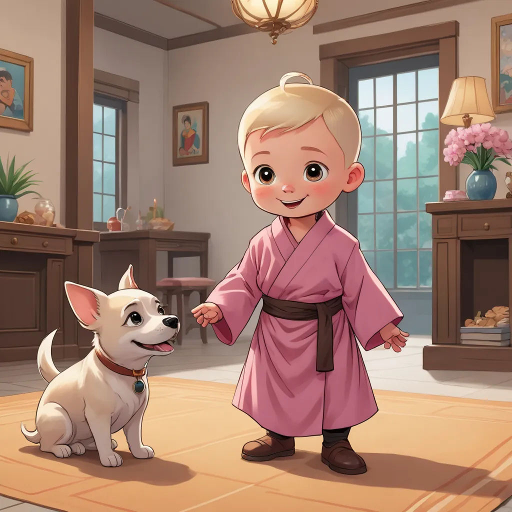 a cartoon boy in a pink robe is shaking hands with a dog in a living room with a fireplace, sots art, a storybook illustration, Charles Schulz, official art