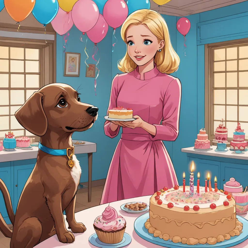 a woman holding a cake with a dog looking at it and a dog looking at it with a birthday cake in front of her, american scene painting, a storybook illustration, Esther Blaikie MacKinnon, promotional image
