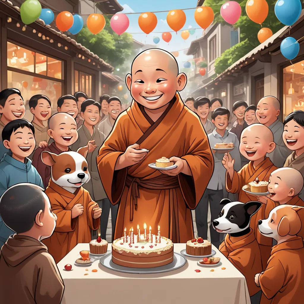 a cartoon of a monk holding a plate of food in front of a crowd of people with a dog, figurativism, a storybook illustration, Chang Dai-chien, official art