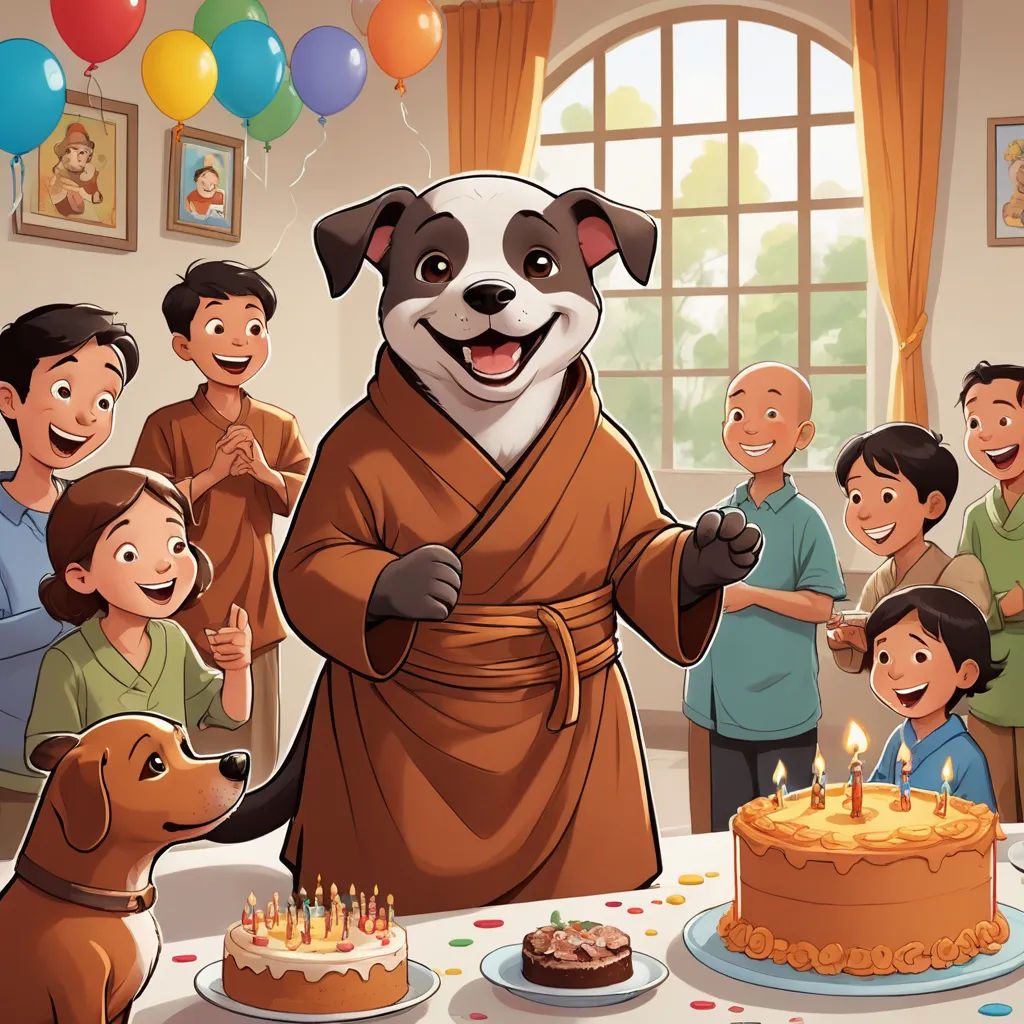 a cartoon of a dog dressed in a robe standing in front of a birthday cake with candles on it, samikshavad, a storybook illustration, Basuki Abdullah, promotional image