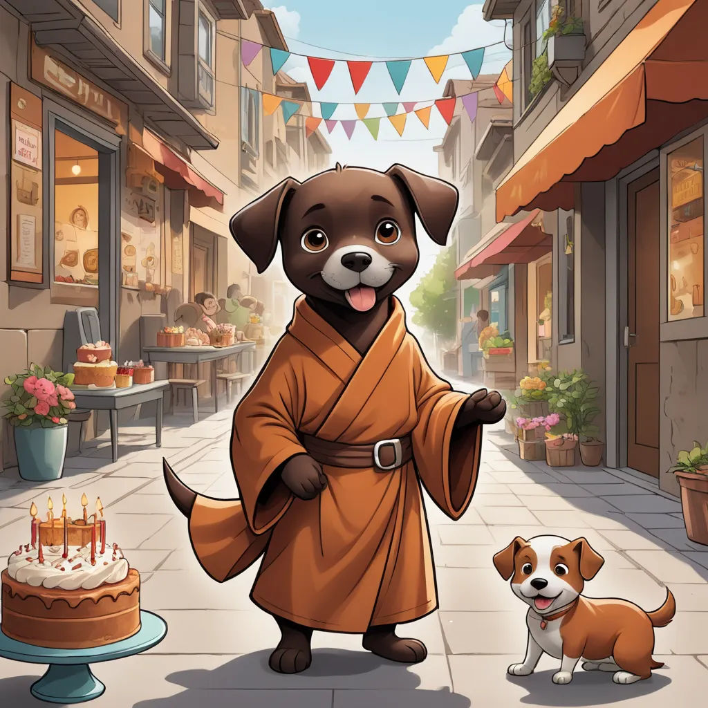 a dog standing next to a cake on a sidewalk with a person in a robe on it and a dog standing next to it, furry art, a character portrait, Anson Maddocks, key art