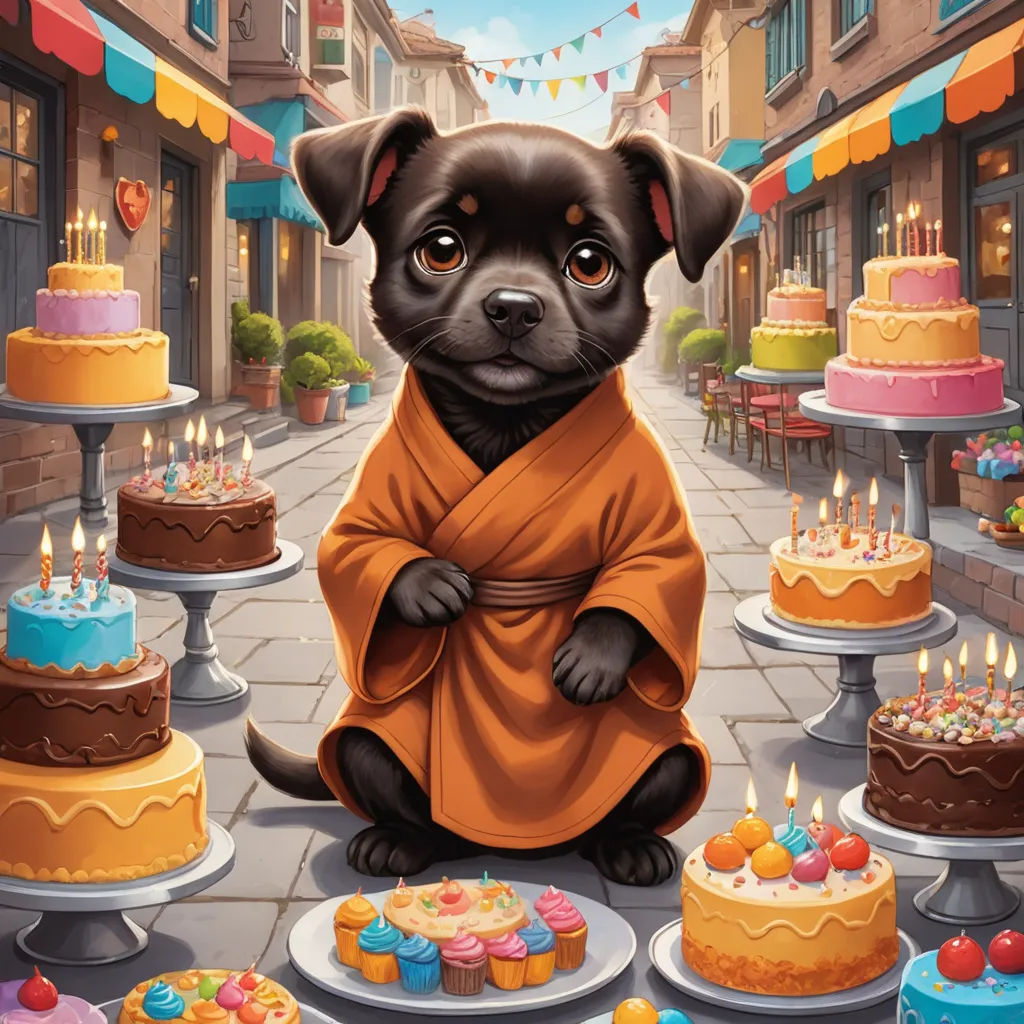 a dog sitting in front of a table with cakes and cupcakes on it and a bunting banner, naive art, a character portrait, Chang Dai-chien, key art