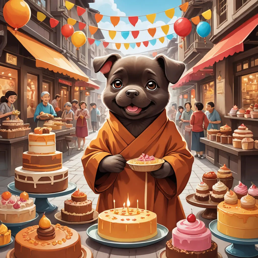 a dog dressed in a robe standing in front of a cake display with a lot of cakes on it, naive art, a storybook illustration, Chris LaBrooy, promotional image