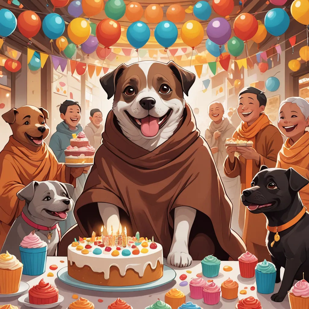 a dog is sitting in front of a birthday cake with candles on it and people around it and balloons, furry art, a storybook illustration, Asaf Hanuka, comic cover art