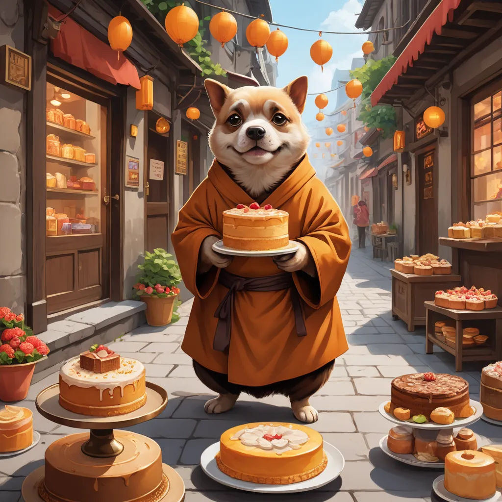 a dog dressed in a monk outfit holding a cake in a street with orange lanterns hanging above it and a bunch of cakes on the ground, furry art, concept art, Chris LaBrooy, official art
