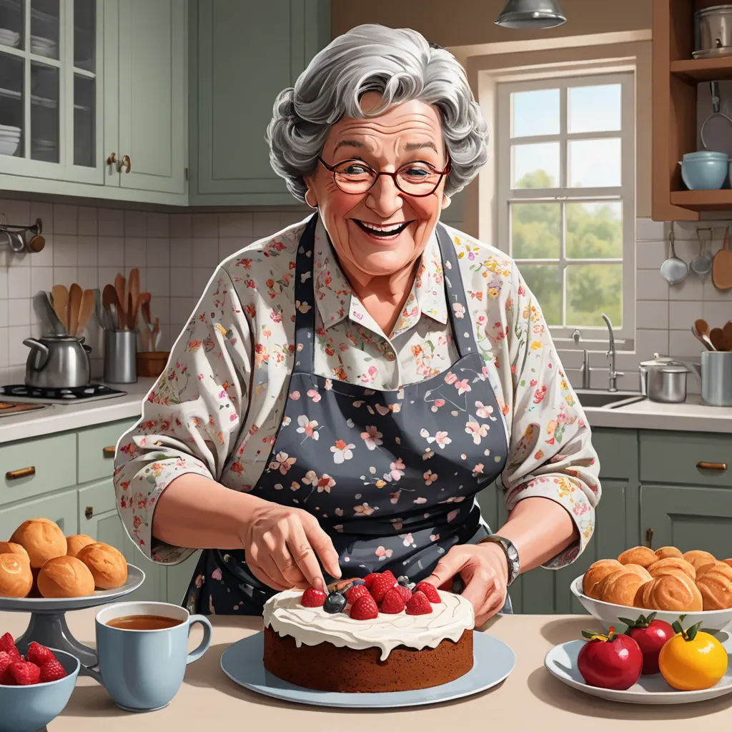 a woman in an apron is cutting a cake with berries on it and a cup of coffee is on the table, photorealism, a storybook illustration, Doris Blair, highly detailed digital painting