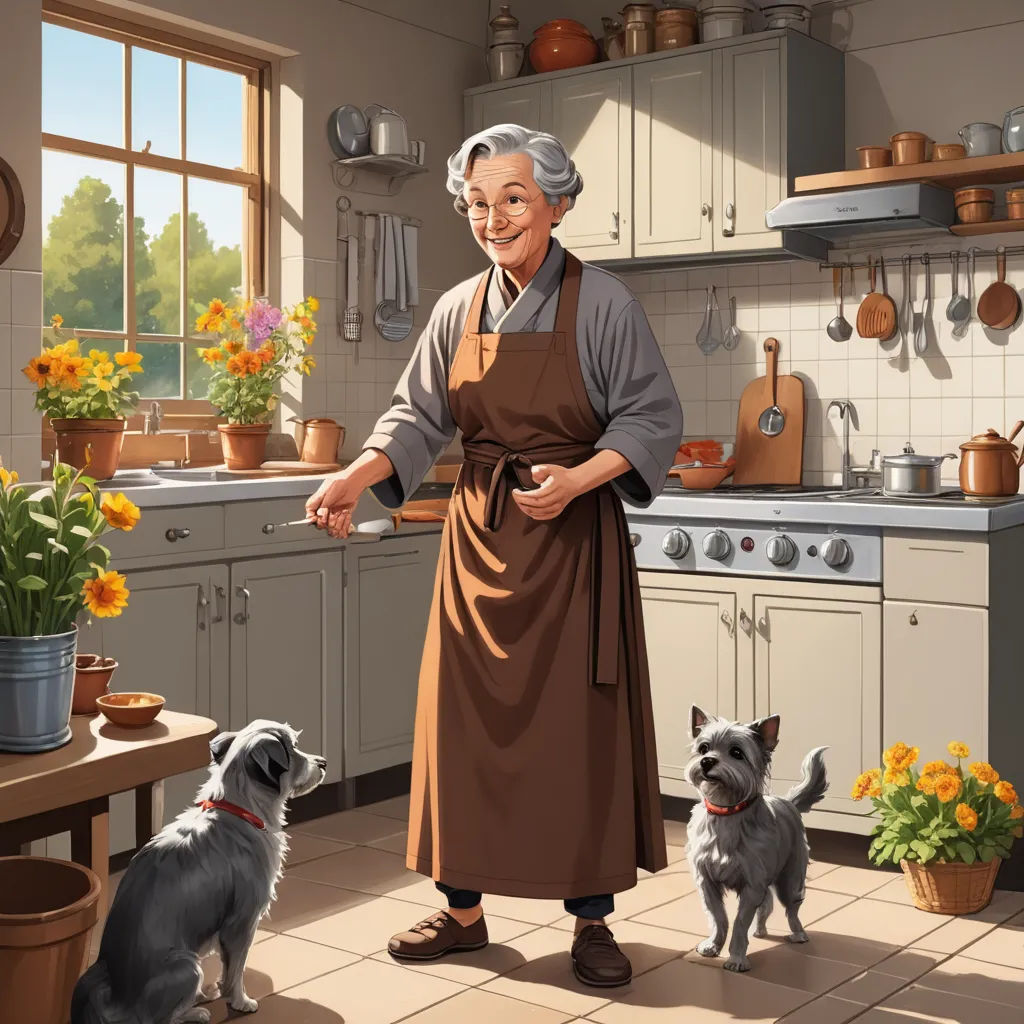 a painting of a woman in a kitchen with two dogs looking at her and smiling at the camera man, american scene painting, a storybook illustration, Brenda Chamberlain, storybook illustration