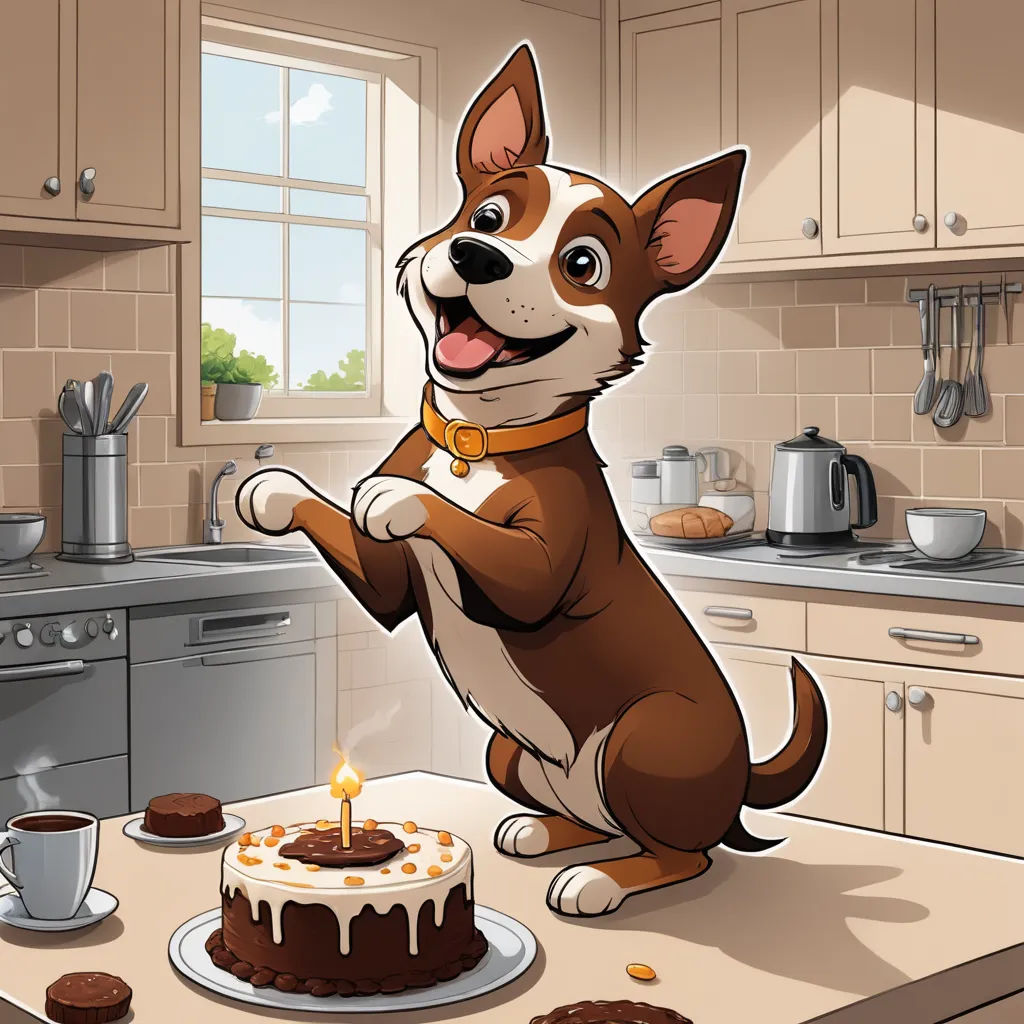 a dog standing on its hind legs in front of a cake with a candle on it and a cup of coffee, lyco art, a storybook illustration, Andries Stock, storybook illustration