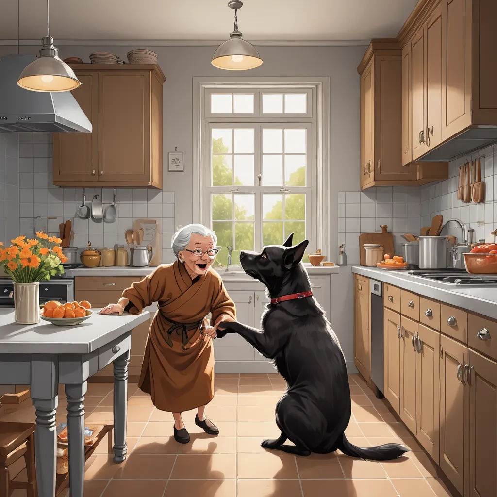 a woman in a kitchen with a dog and a window with a view of the kitchen and the kitchen sink, american scene painting, a storybook illustration, Betty Merken, storybook illustration
