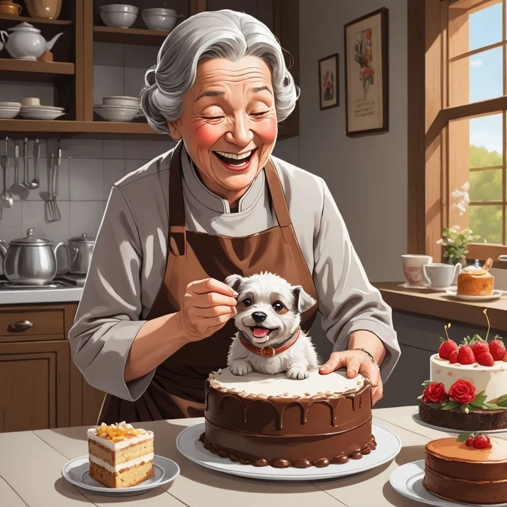 a woman is cutting a cake with a dog on the table next to it and a cake on the table, naive art, a storybook illustration, Chris LaBrooy, storybook illustration