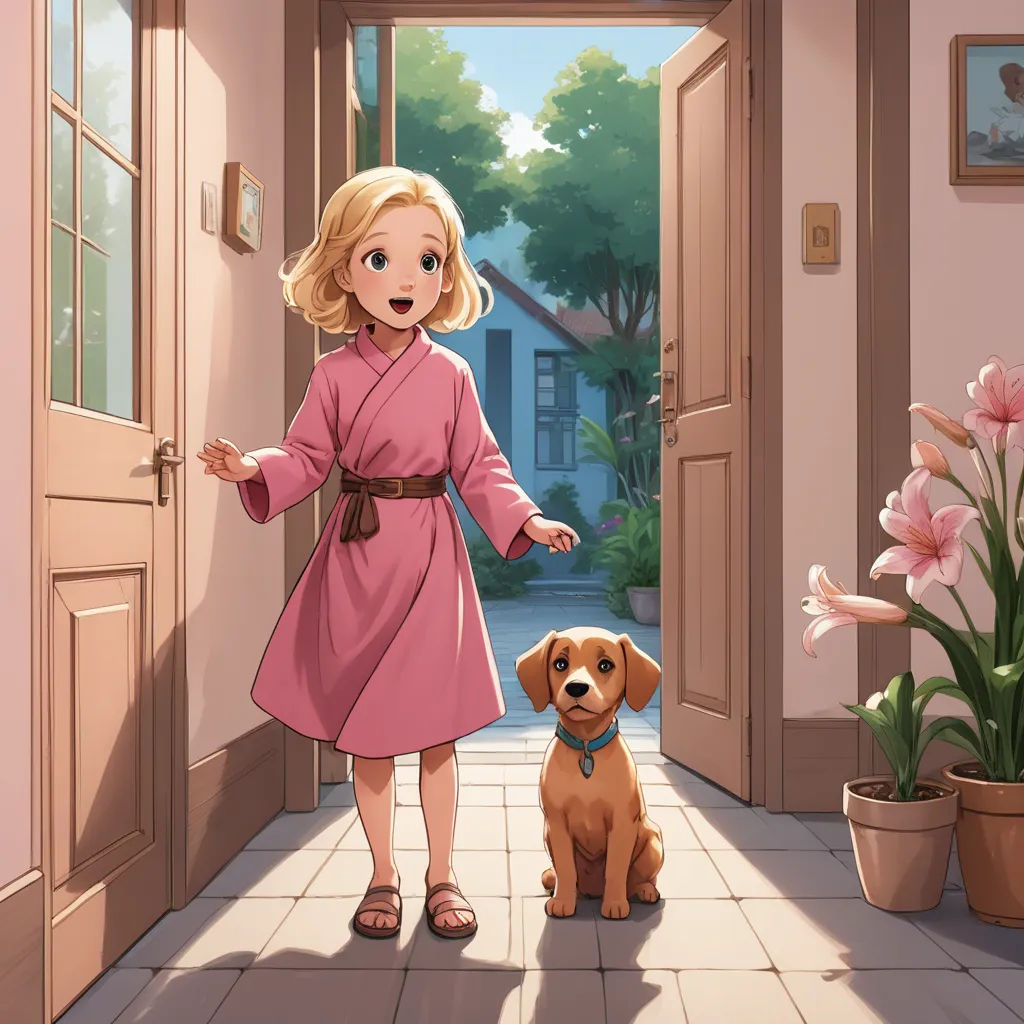 a little girl in a pink dress is standing next to a dog in a hallway with a pink door, american scene painting, a storybook illustration, Cliff Childs, official art