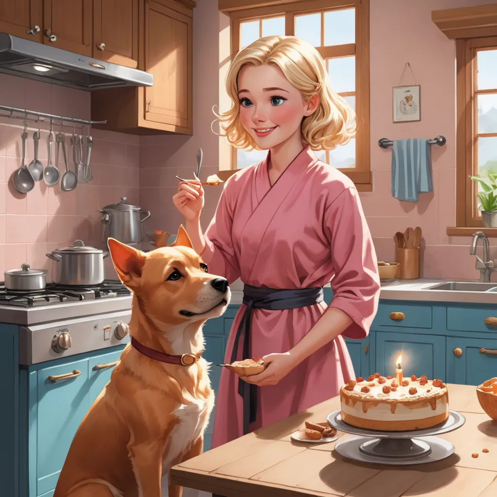 a woman in a pink dress is holding a dog and a cake in a kitchen with a dog on the counter, american scene painting, a storybook illustration, Alejandro Burdisio, trending on art station
