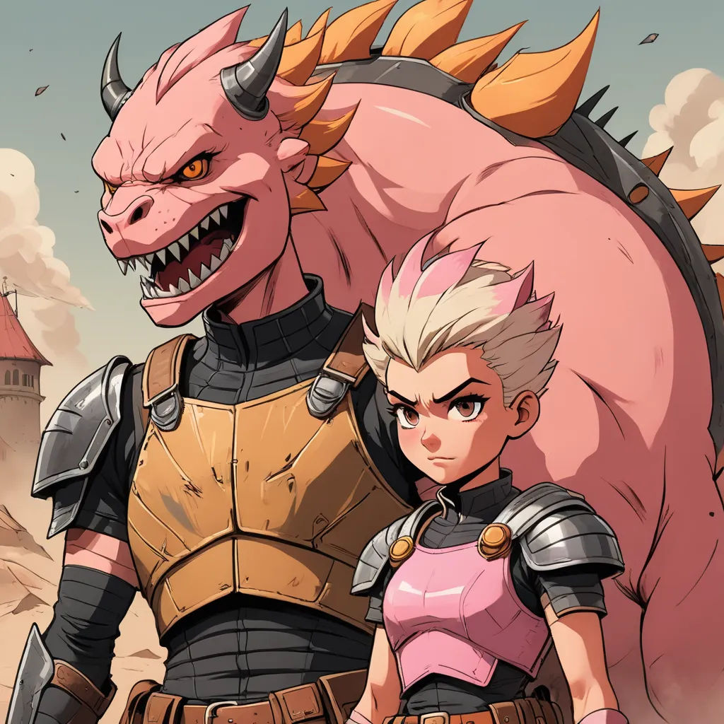 a couple of people standing next to each other near a monster and a castle with a sky background and a red dragon, sots art, concept art, Adam Rex, comic cover art