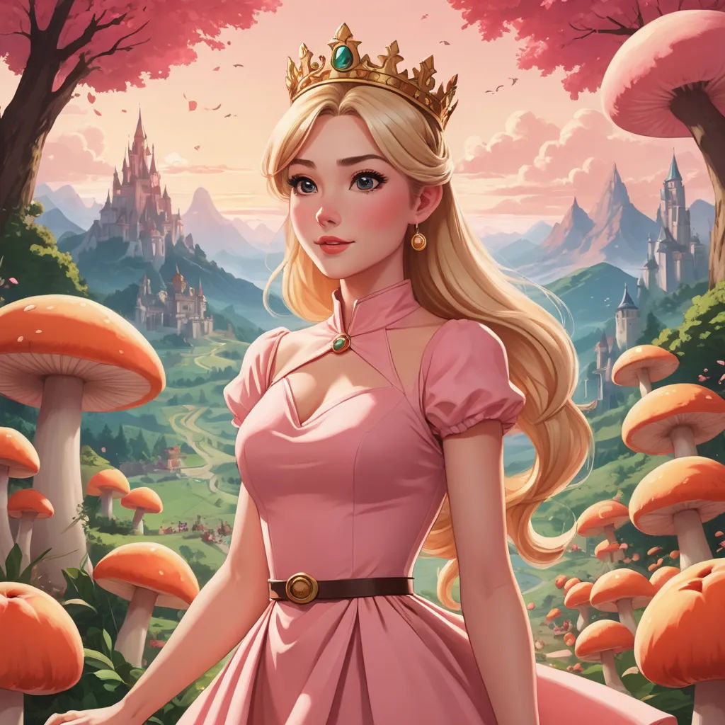 a beautiful blonde haired girl in a pink dress standing in front of mushrooms and trees with a castle in the background, fantasy art, a storybook illustration, Artgerm, rossdraws global illumination