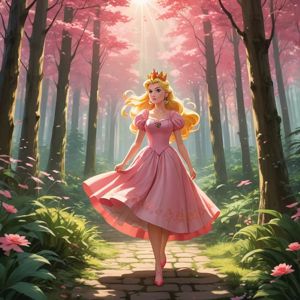 a cartoon of a princess in a pink dress walking through a forest with flowers and trees in the background, fantasy art, a storybook illustration, Alice Prin, rossdraws global illumination