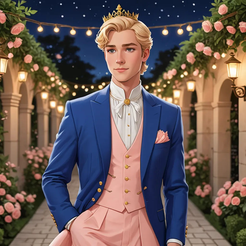 a man in a blue suit and pink dress standing in a garden at night with a pink rose bush, sots art, a character portrait, Evan Charlton, official art