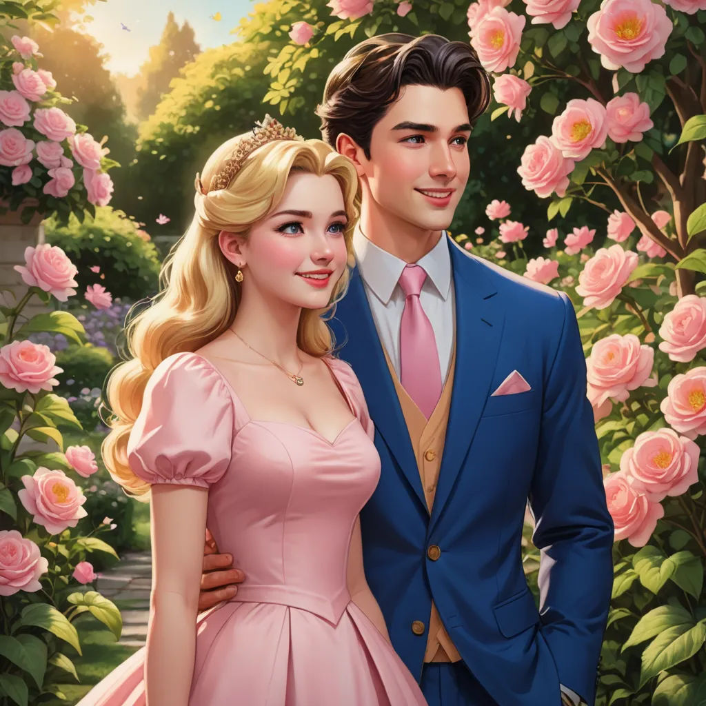 a painting of a man and a woman in formal wear standing in front of a rose garden with pink roses, sots art, a storybook illustration, Edwin Georgi, rossdraws global illumination
