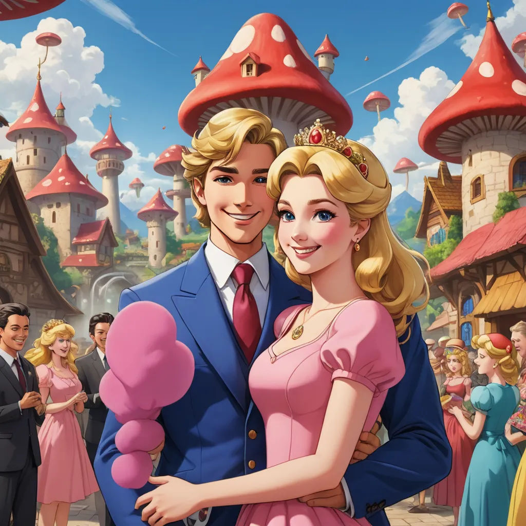 a man and woman in a pink dress standing next to each other in front of a castle with a red roof, magical realism, a storybook illustration, disney, official art