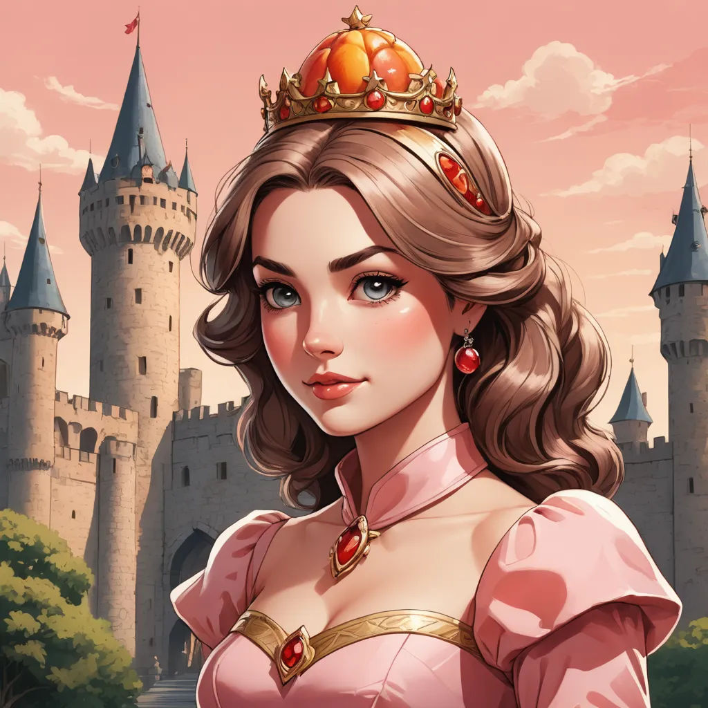 a woman in a pink dress and a crown on her head in front of a castle with a pink sky, fantasy art, a detailed painting, Charlie Bowater, rossdraws global illumination