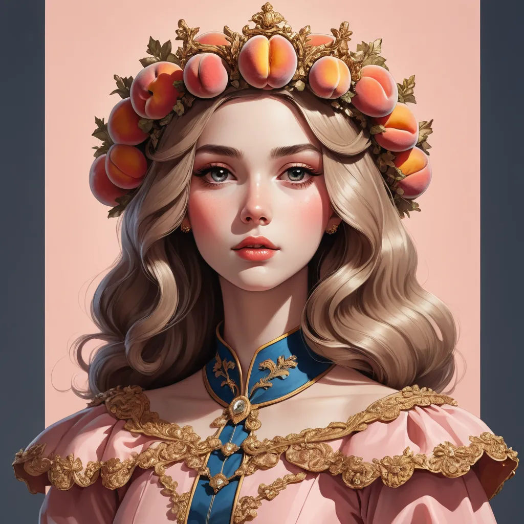 a digital painting of a woman wearing a crown of peaches on her head and a pink background with a blue ribbon, fantasy art, a detailed painting, Artgerm, trending on art station