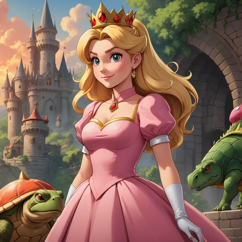 a cartoon of a princess standing in front of a castle with a turtle and turtle in front of her, sots art, a storybook illustration, disney, rossdraws global illumination
